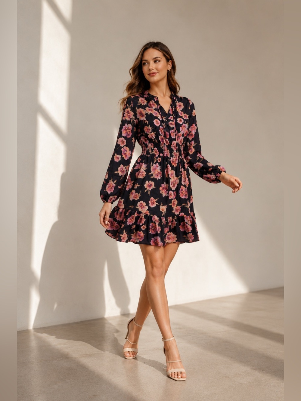 🌸 CUPSHE Floral Smocked Waist Long Sleeve Dress • Small • NWT